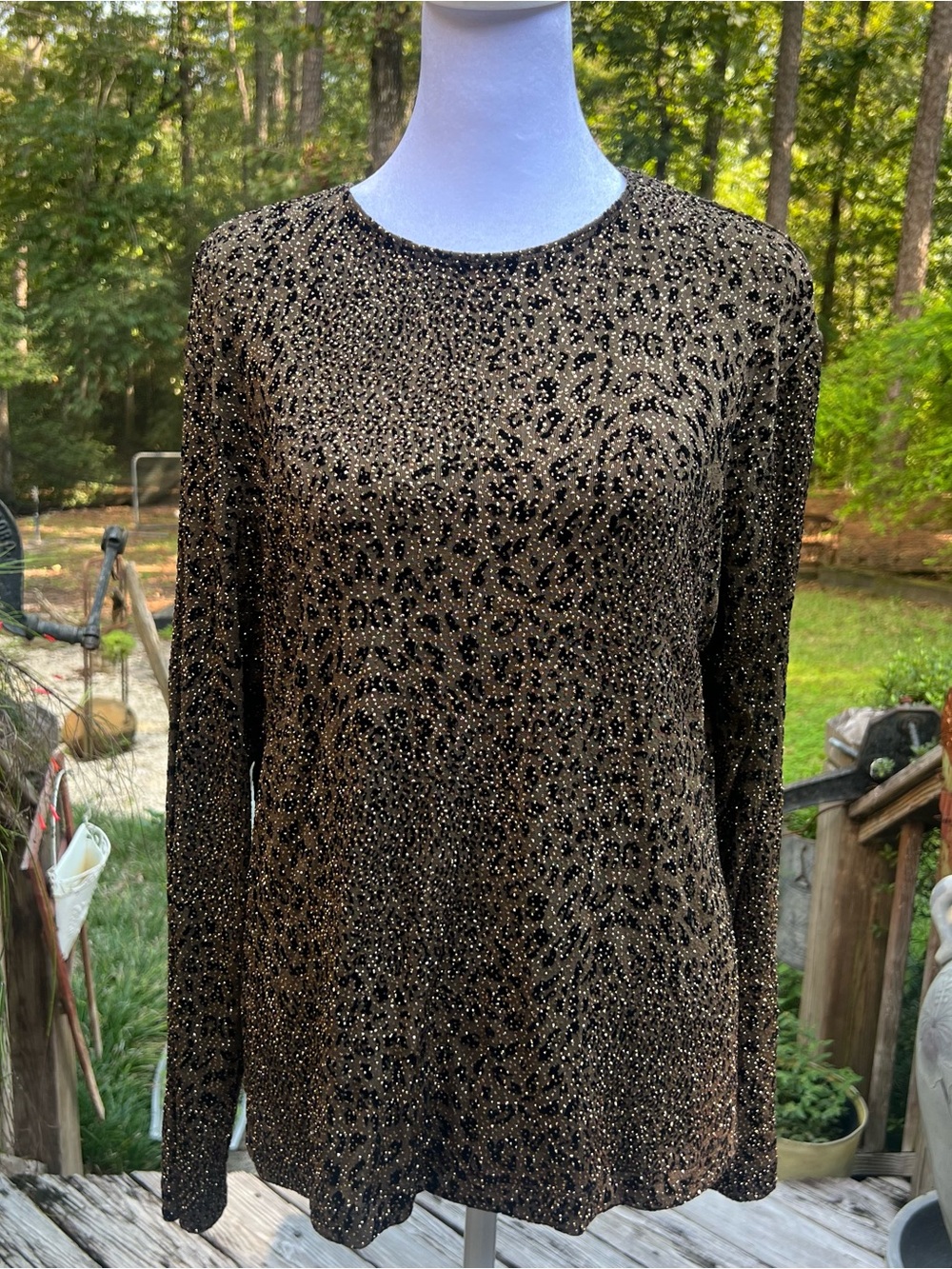 Chico’s Travelers Size 2 L Black Gold Leopard Sparkle Long Sleeve Top
